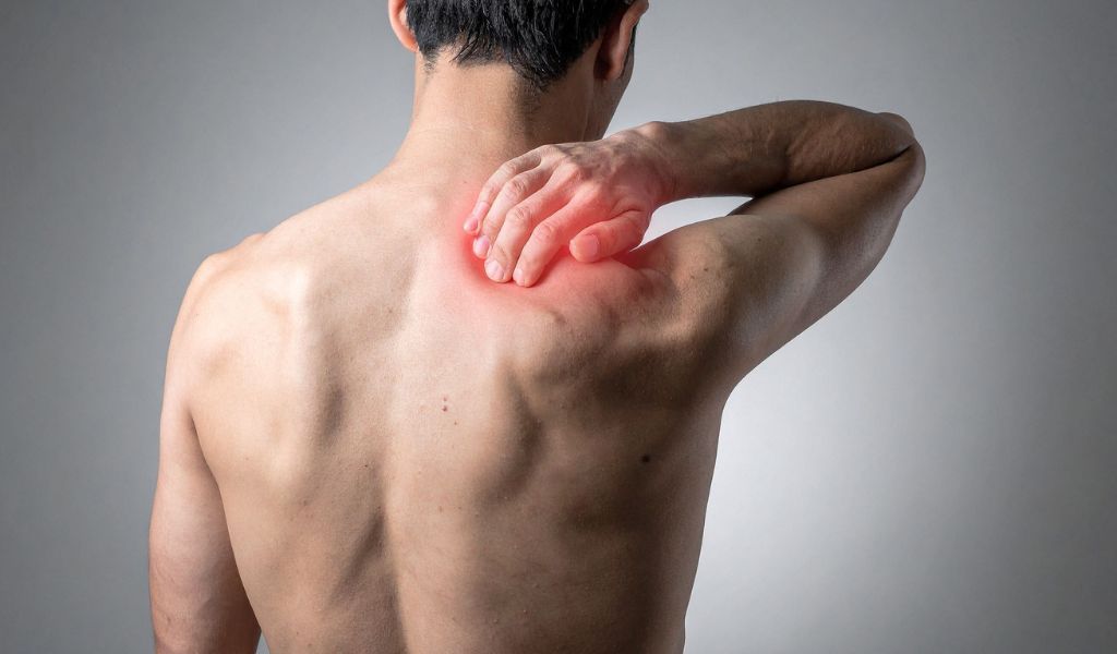 Patient holding shoulder in pain from a rotator cuff injury, treated at District Wellness, Arlington, VA